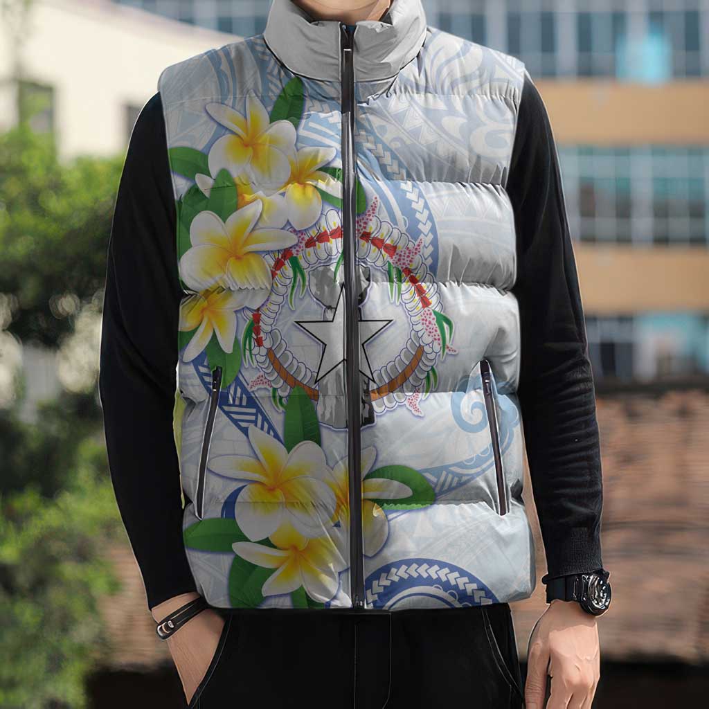 Northern Mariana Islands Chamorro Sleeveless Puffer Jacket Plumeria Curves Style White Version