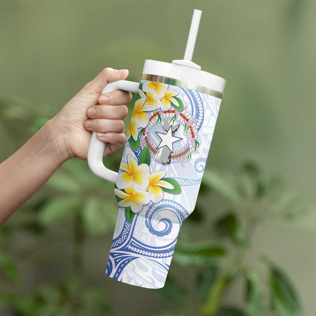 Northern Mariana Islands Chamorro Tumbler With Handle Plumeria Curves Style White Version