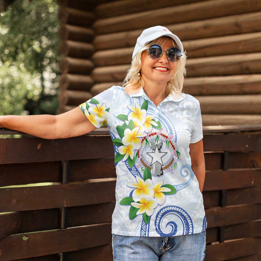 Northern Mariana Islands Chamorro Women Polo Shirt Plumeria Curves Style White Version