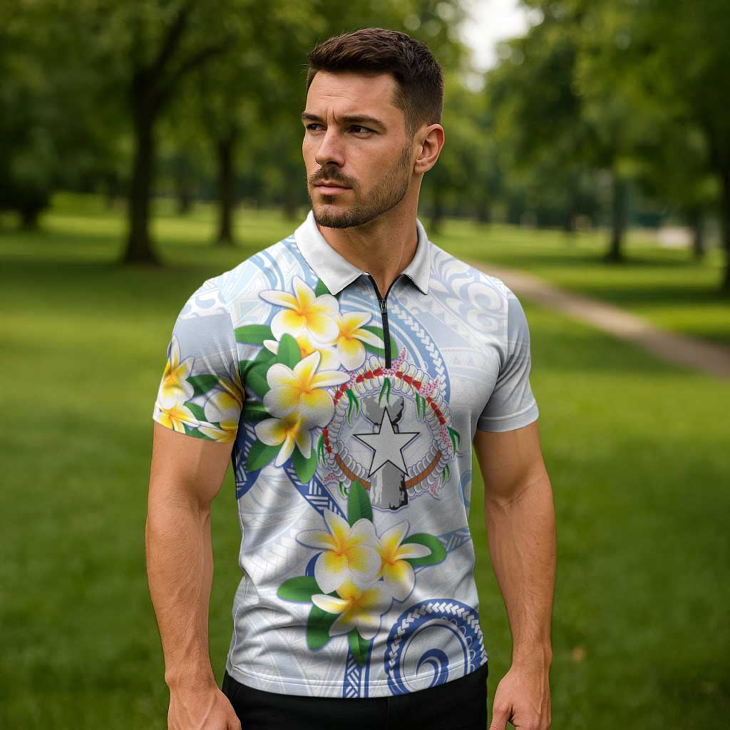 Northern Mariana Islands Chamorro Zipper Polo Shirt Plumeria Curves Style White Version