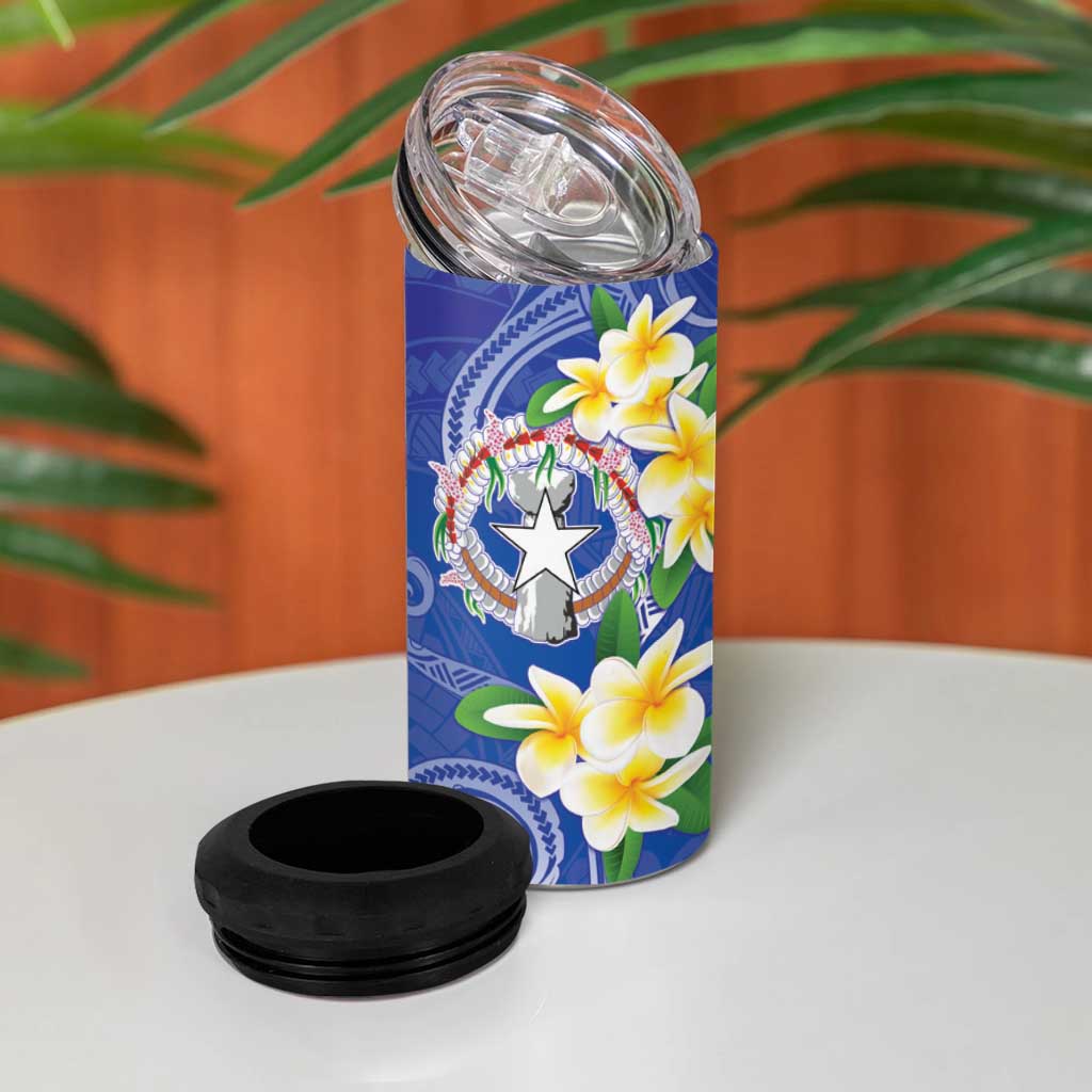 Northern Mariana Islands Chamorro 4 in 1 Can Cooler Tumbler Plumeria Curves Style Navy Version
