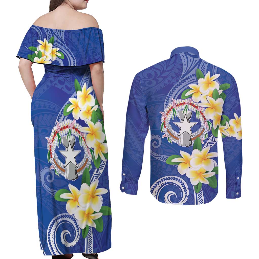 Northern Mariana Islands Chamorro Couples Matching Off Shoulder Maxi Dress and Long Sleeve Button Shirt Plumeria Curves Style Navy Version