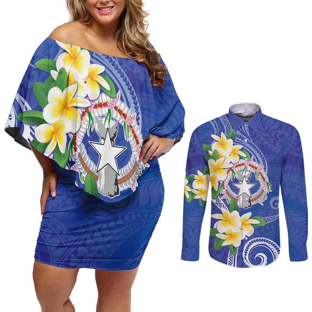 Northern Mariana Islands Chamorro Couples Matching Off Shoulder Short Dress and Long Sleeve Button Shirt Plumeria Curves Style Navy Version LT05 Navy - Polynesian Pride
