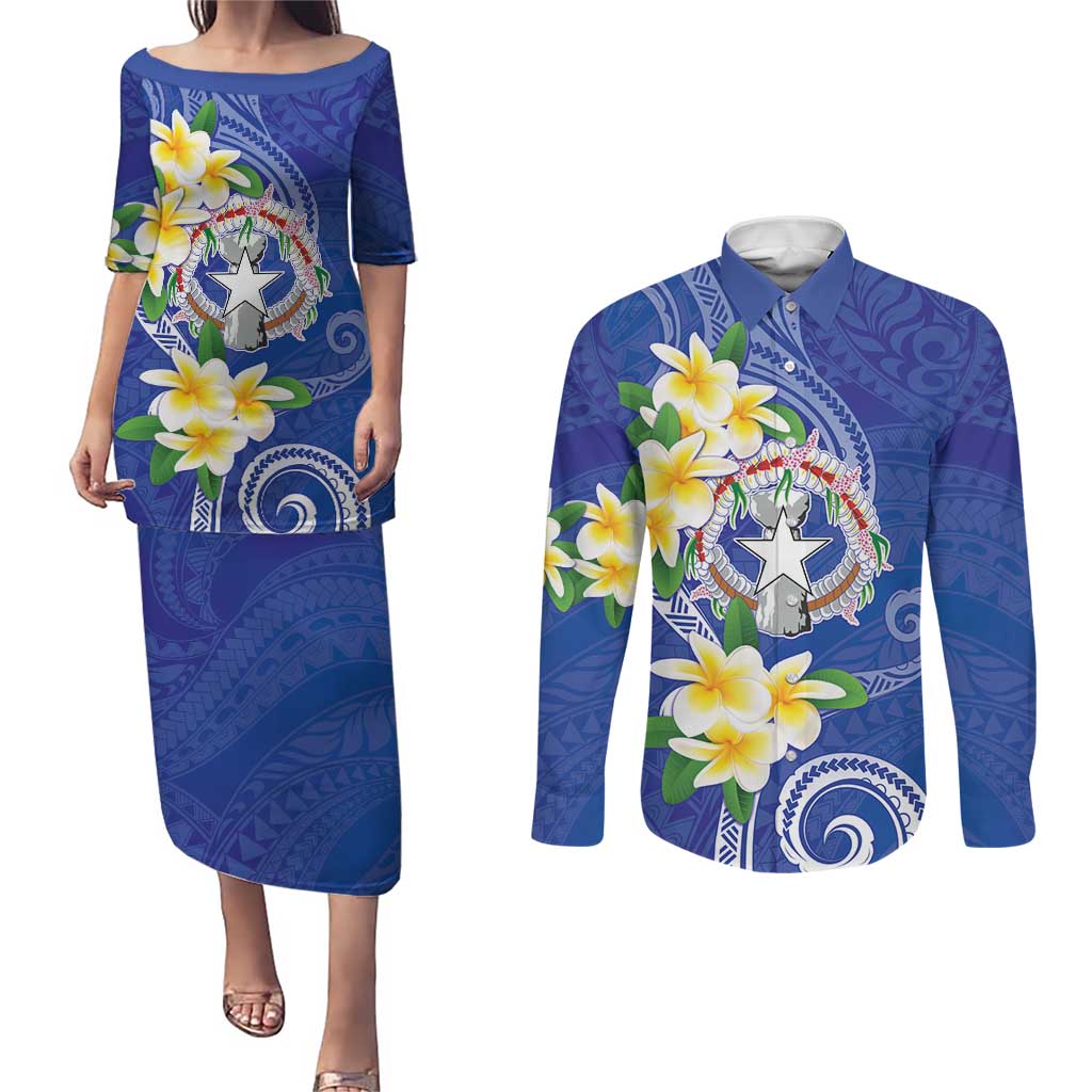 Northern Mariana Islands Chamorro Couples Matching Puletasi and Long Sleeve Button Shirt Plumeria Curves Style Navy Version LT05 Navy - Polynesian Pride