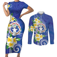 Northern Mariana Islands Chamorro Couples Matching Short Sleeve Bodycon Dress and Long Sleeve Button Shirt Plumeria Curves Style Navy Version