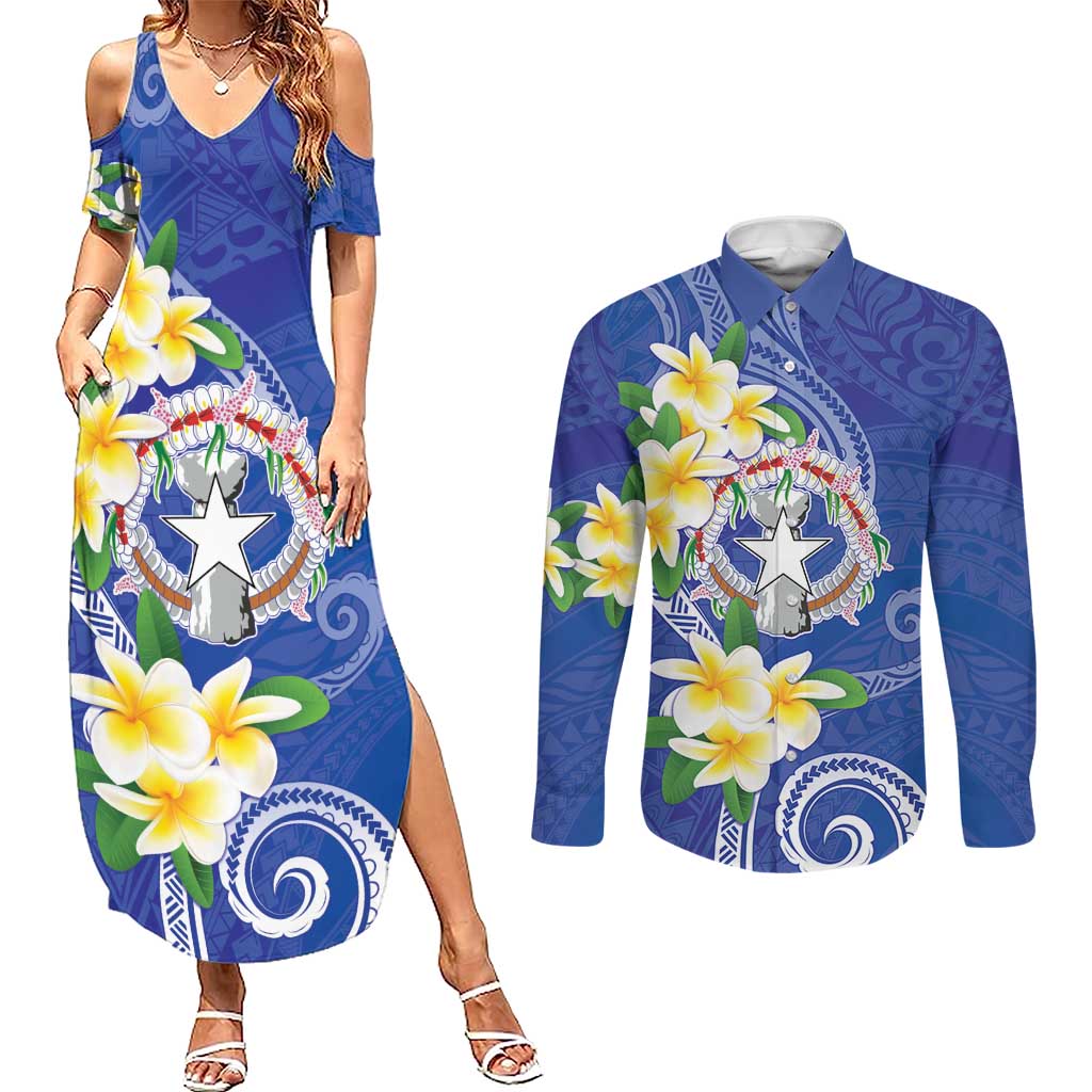 Northern Mariana Islands Chamorro Couples Matching Summer Maxi Dress and Long Sleeve Button Shirt Plumeria Curves Style Navy Version LT05 Navy - Polynesian Pride