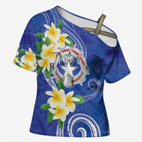 Northern Mariana Islands Chamorro Cross Shoulder Shirt Plumeria Curves Style Navy Version