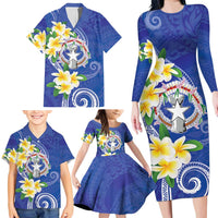 Northern Mariana Islands Chamorro Family Matching Long Sleeve Bodycon Dress and Hawaiian Shirt Plumeria Curves Style Navy Version LT05 - Polynesian Pride