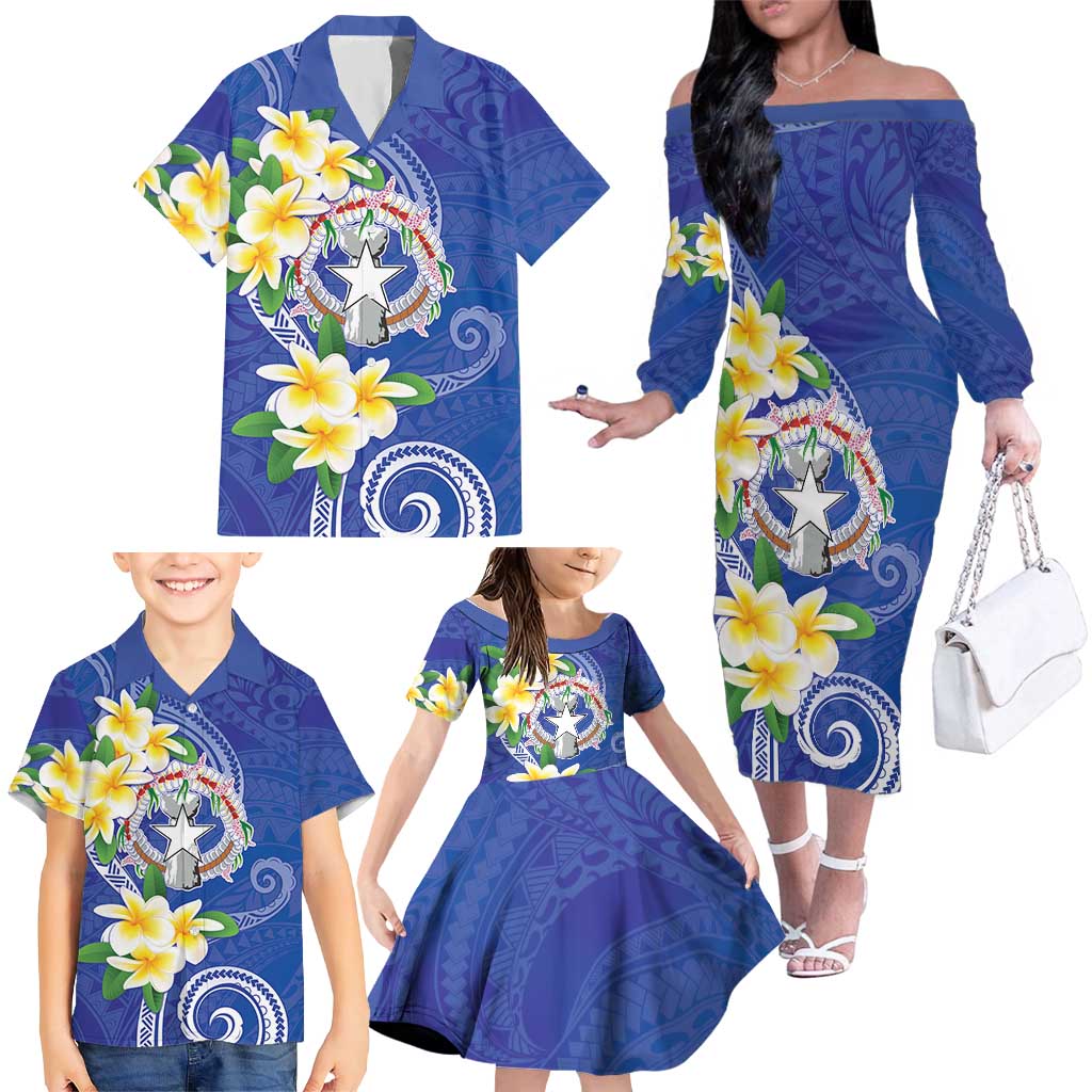 Northern Mariana Islands Chamorro Family Matching Off The Shoulder Long Sleeve Dress and Hawaiian Shirt Plumeria Curves Style Navy Version LT05 - Polynesian Pride