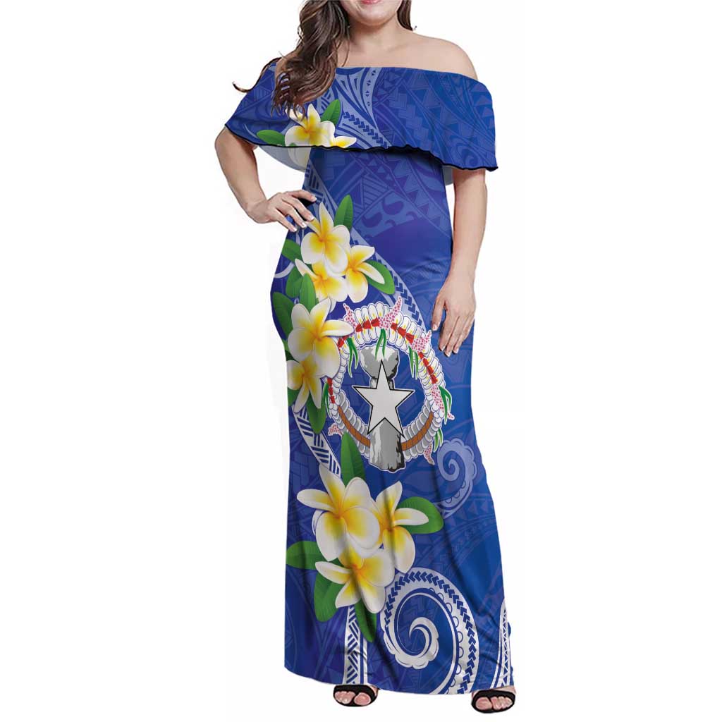 Northern Mariana Islands Chamorro Family Matching Off Shoulder Maxi Dress and Hawaiian Shirt Plumeria Curves Style Navy Version LT05 Mom's Dress Navy - Polynesian Pride