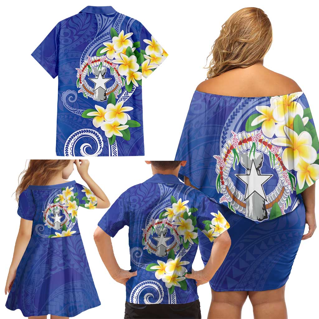 Northern Mariana Islands Chamorro Family Matching Off Shoulder Short Dress and Hawaiian Shirt Plumeria Curves Style Navy Version LT05 - Polynesian Pride