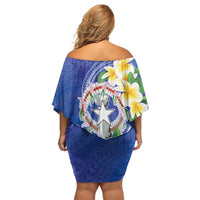 Northern Mariana Islands Chamorro Family Matching Off Shoulder Short Dress and Hawaiian Shirt Plumeria Curves Style Navy Version LT05 - Polynesian Pride
