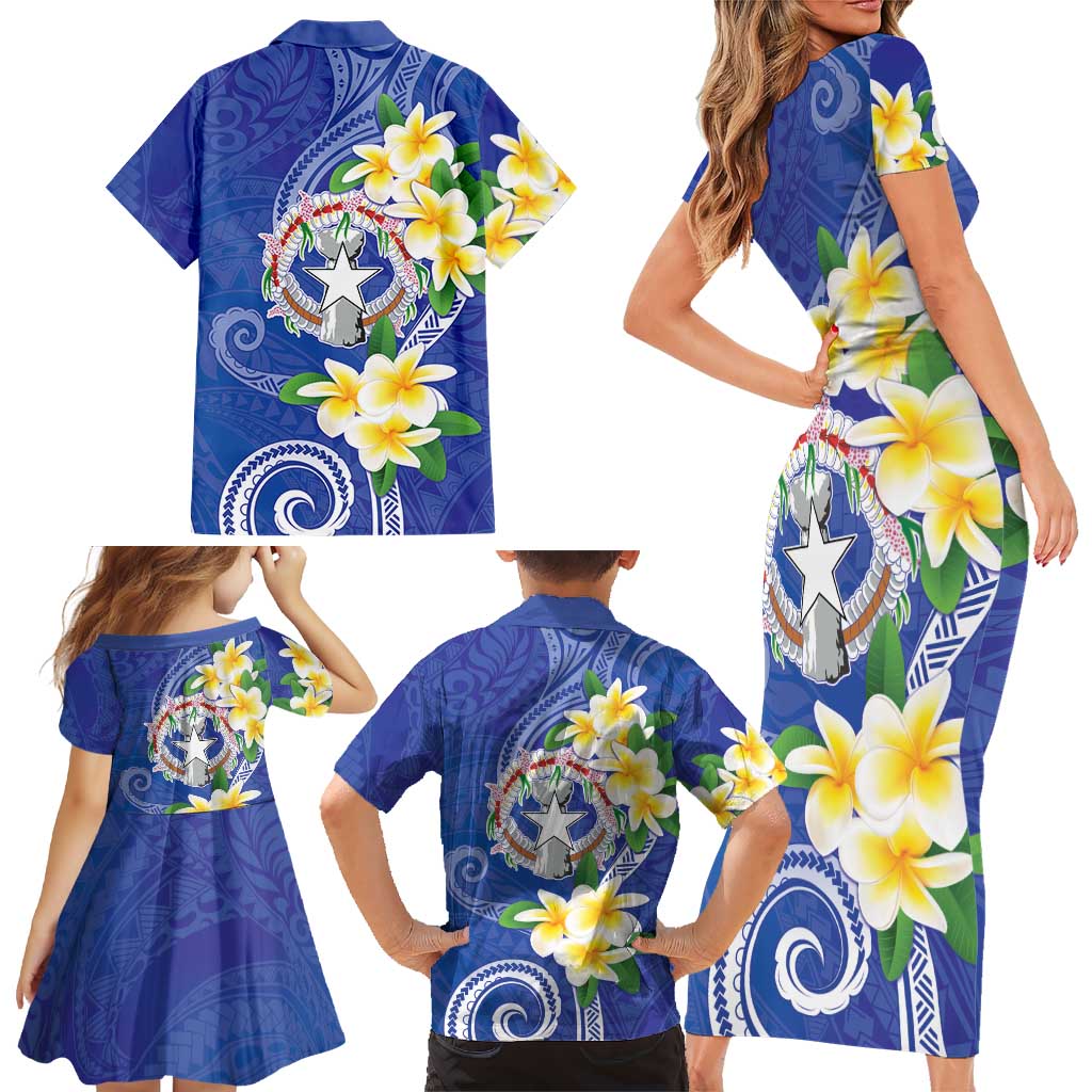 Northern Mariana Islands Chamorro Family Matching Short Sleeve Bodycon Dress and Hawaiian Shirt Plumeria Curves Style Navy Version LT05 - Polynesian Pride