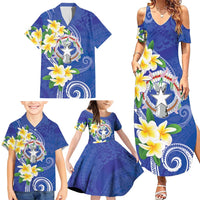 Northern Mariana Islands Chamorro Family Matching Summer Maxi Dress and Hawaiian Shirt Plumeria Curves Style Navy Version LT05 - Polynesian Pride
