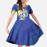 Northern Mariana Islands Chamorro Kid Short Sleeve Dress Plumeria Curves Style Navy Version