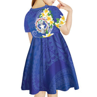 Northern Mariana Islands Chamorro Kid Short Sleeve Dress Plumeria Curves Style Navy Version