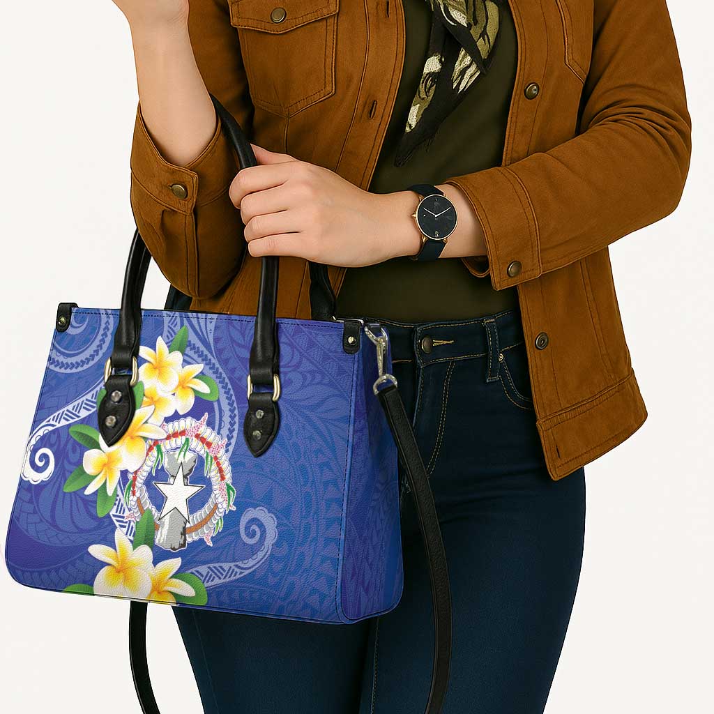 Northern Mariana Islands Chamorro Leather Bag Plumeria Curves Style Navy Version