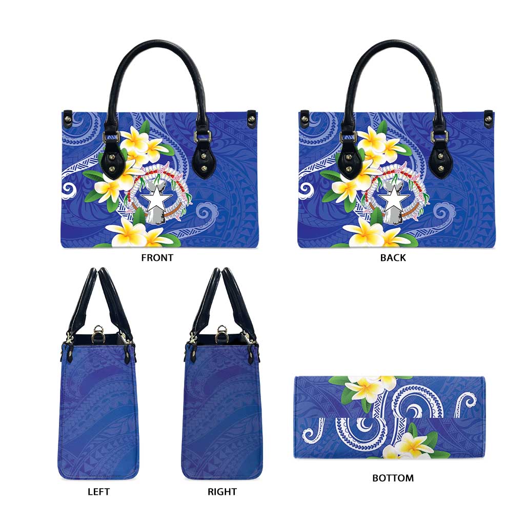 Northern Mariana Islands Chamorro Leather Bag Plumeria Curves Style Navy Version