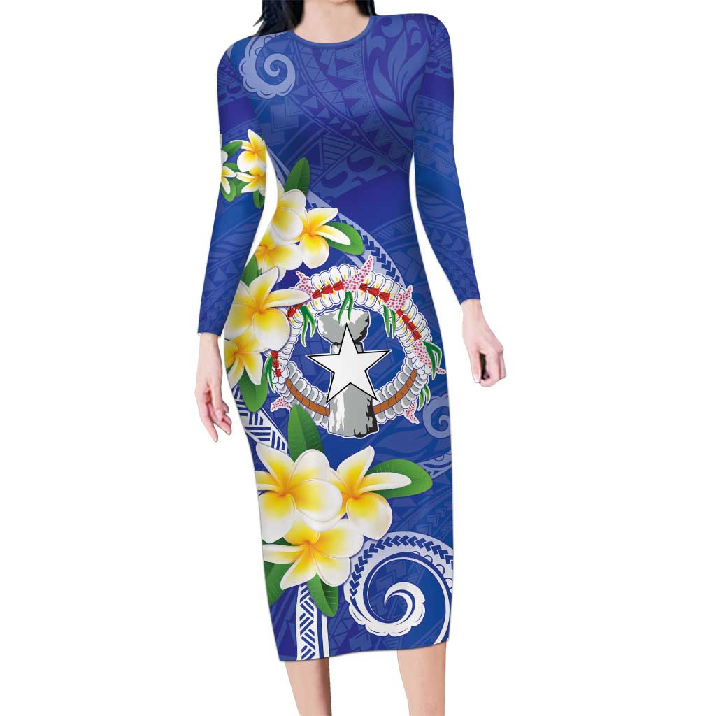 Northern Mariana Islands Chamorro Long Sleeve Bodycon Dress Plumeria Curves Style Navy Version