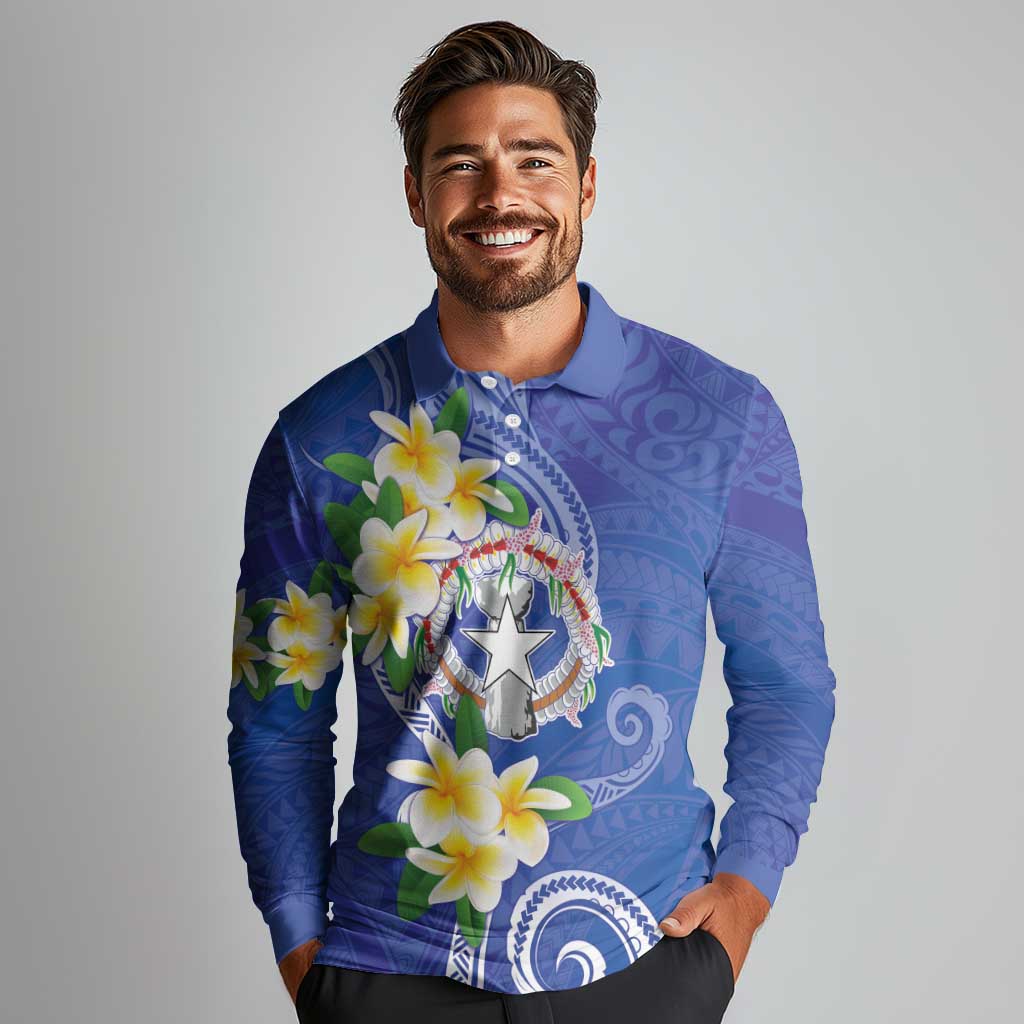 Northern Mariana Islands Chamorro Long Sleeve Polo Shirt Plumeria Curves Style Navy Version
