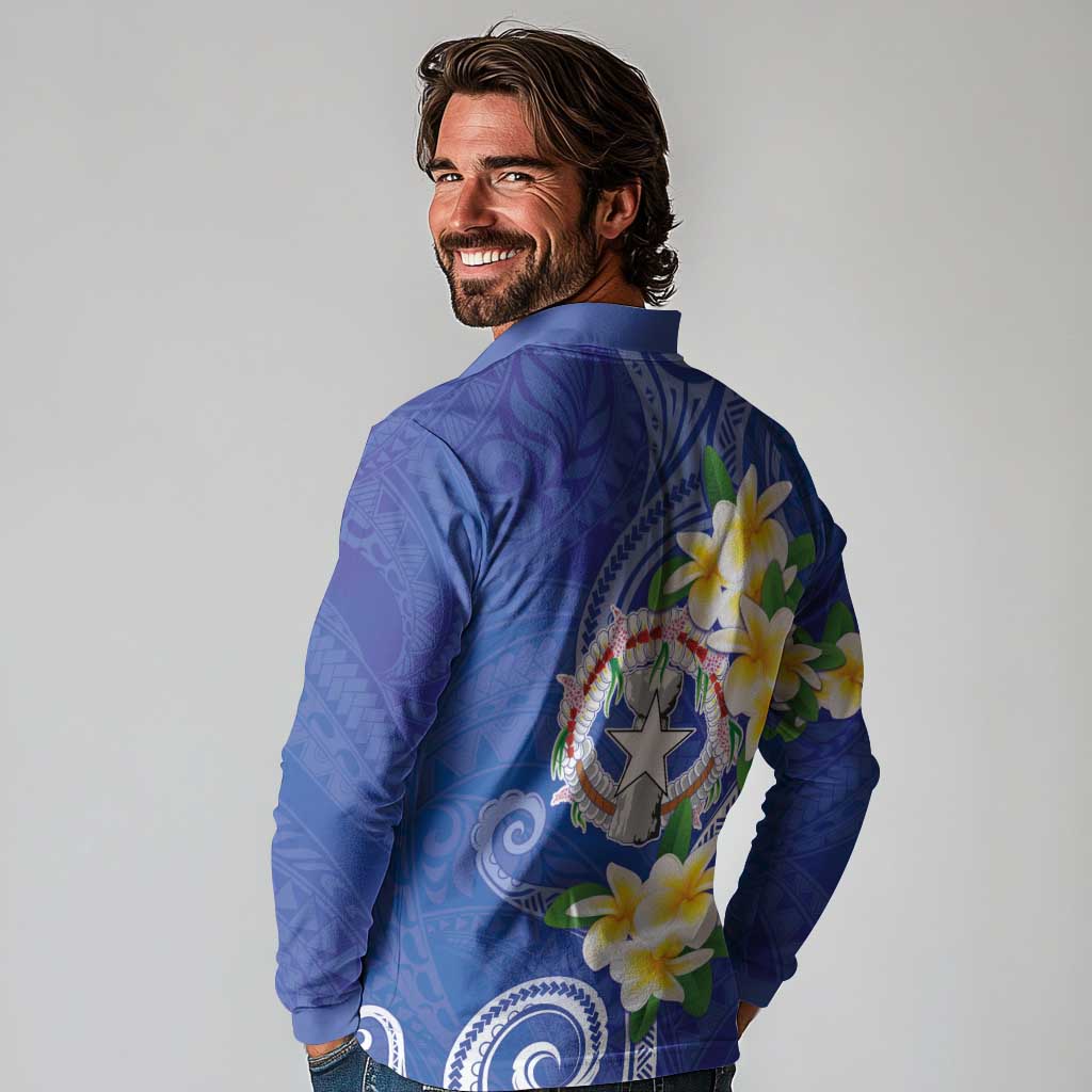 Northern Mariana Islands Chamorro Long Sleeve Polo Shirt Plumeria Curves Style Navy Version