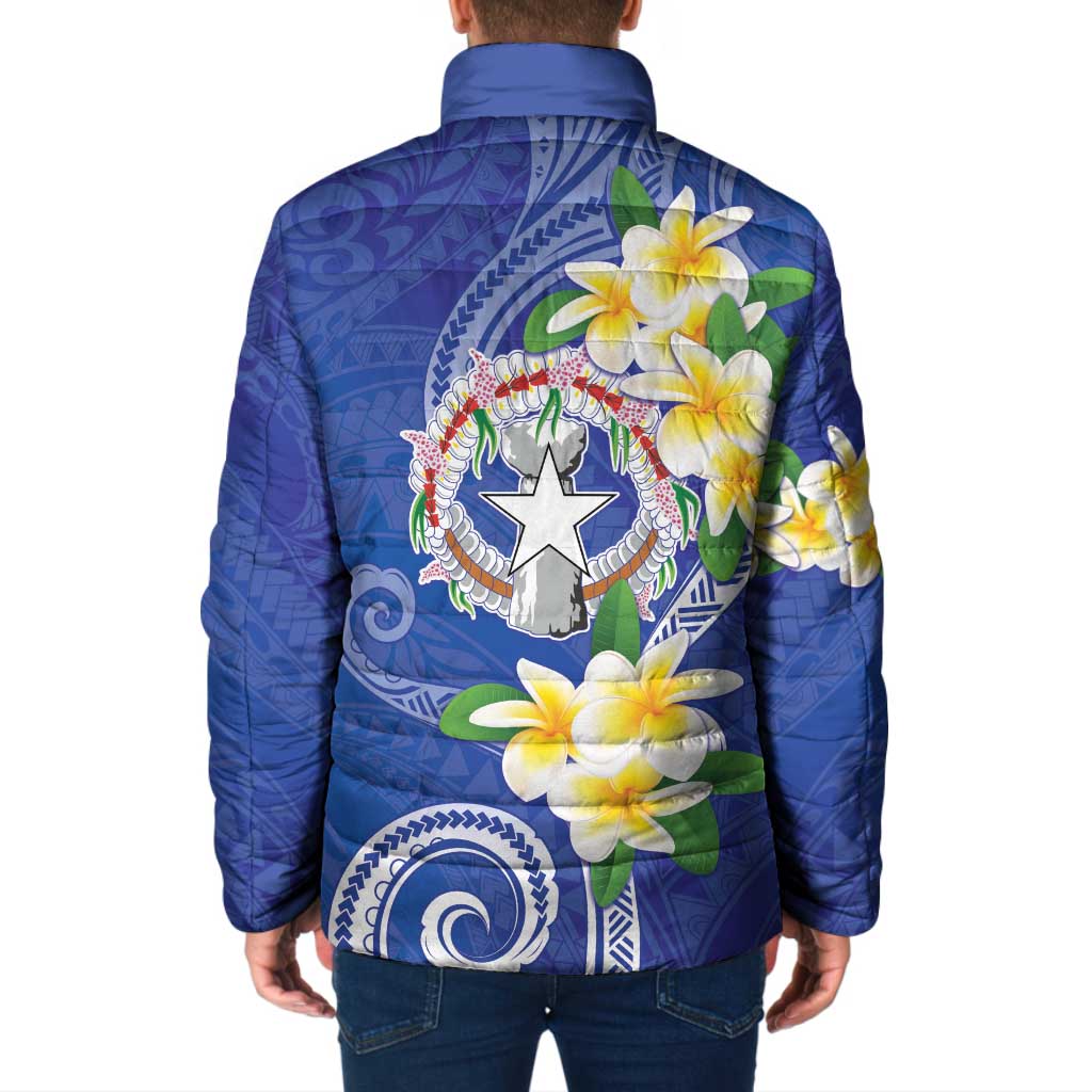 Northern Mariana Islands Chamorro Padded Jacket Plumeria Curves Style Navy Version