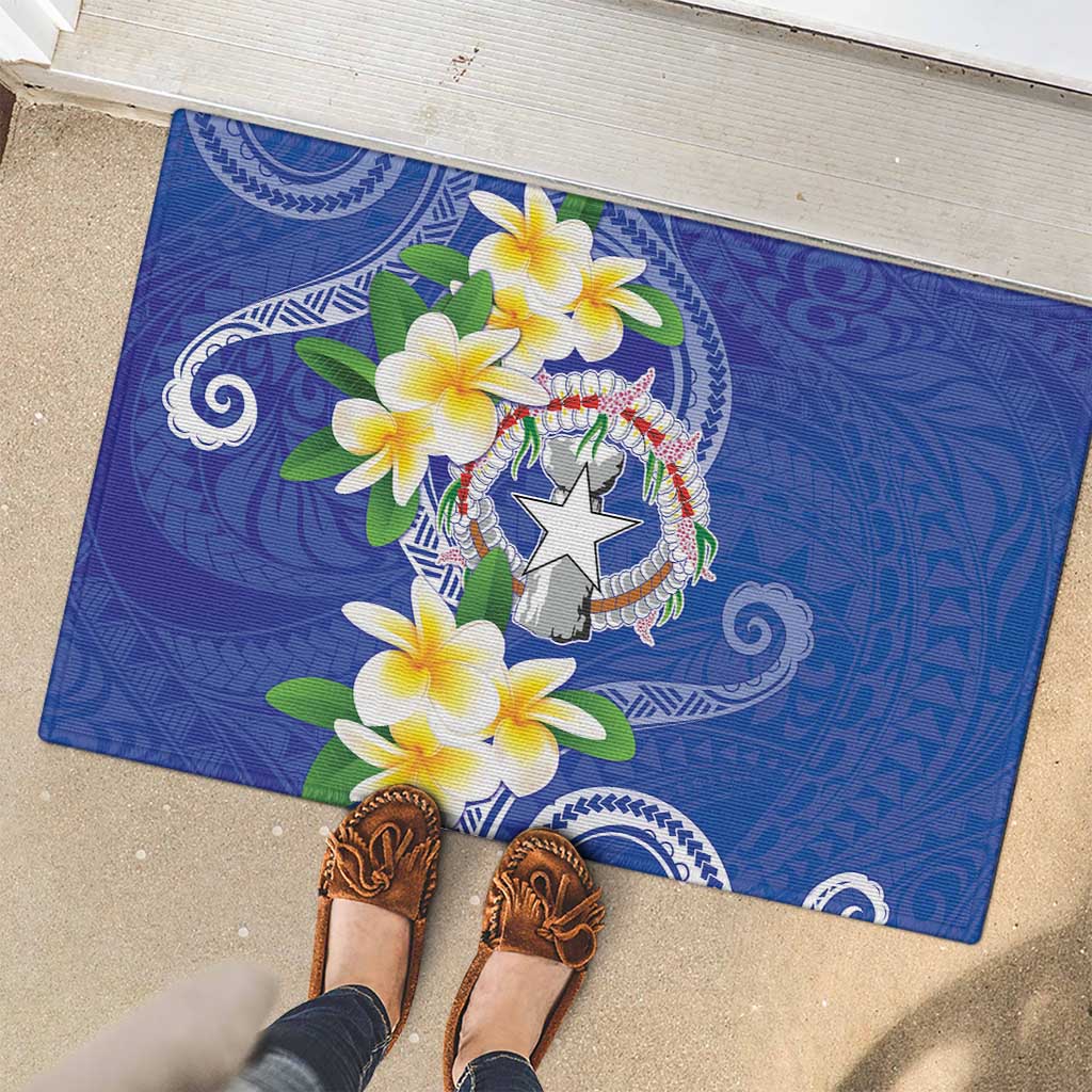 Northern Mariana Islands Chamorro Rubber Doormat Plumeria Curves Style Navy Version