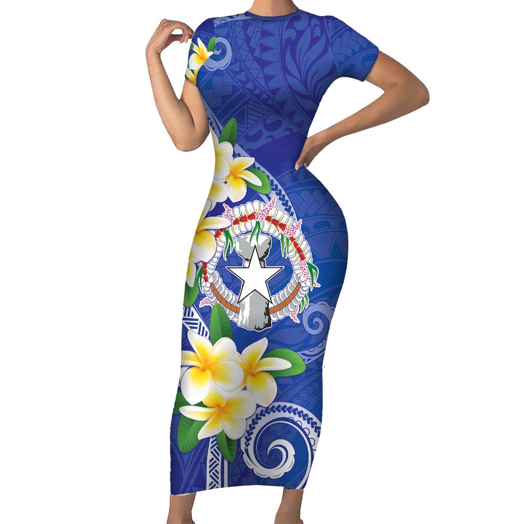 Northern Mariana Islands Chamorro Short Sleeve Bodycon Dress Plumeria Curves Style Navy Version LT05 Long Dress Navy - Polynesian Pride