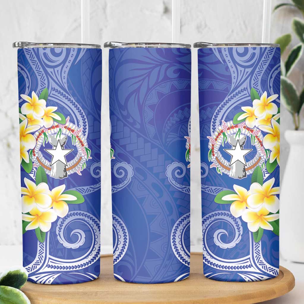 Northern Mariana Islands Chamorro Skinny Tumbler Plumeria Curves Style Navy Version