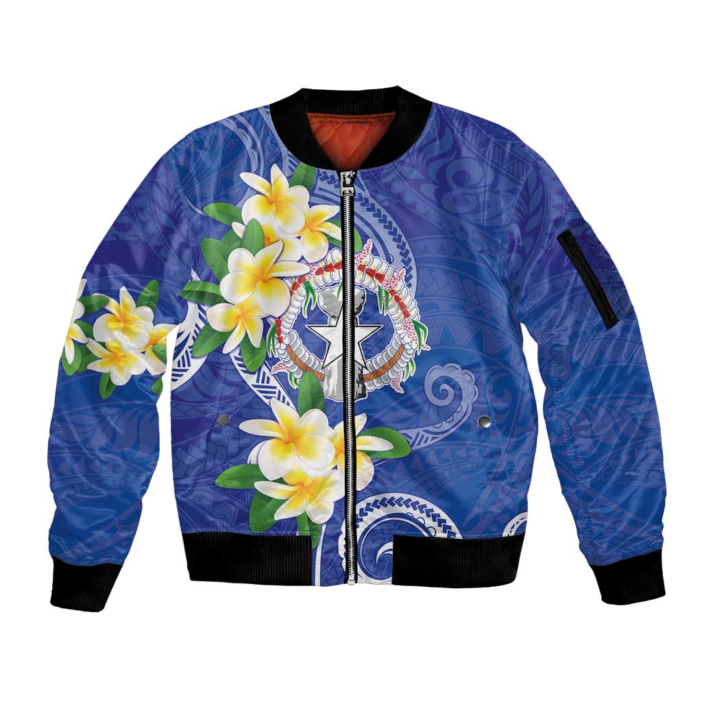 Northern Mariana Islands Chamorro Sleeve Zip Bomber Jacket Plumeria Curves Style Navy Version