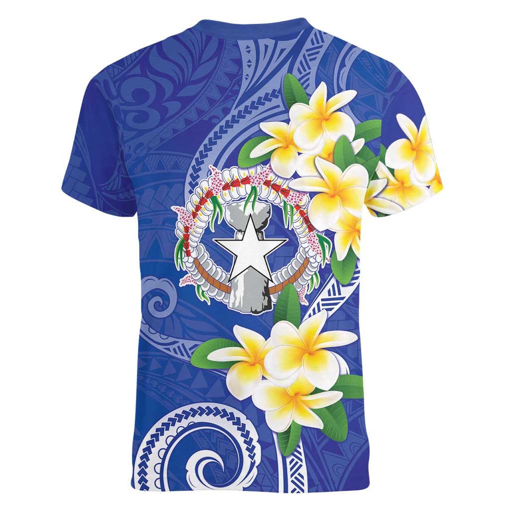 Northern Mariana Islands Chamorro Women V-Neck T-Shirt Plumeria Curves Style Navy Version