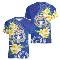 Northern Mariana Islands Chamorro Women V-Neck T-Shirt Plumeria Curves Style Navy Version