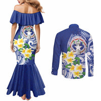 Northern Mariana Islands Couples Matching Mermaid Dress and Long Sleeve Button Shirt Polynesian Pattern With Frangipani