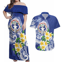 Northern Mariana Islands Couples Matching Off Shoulder Maxi Dress and Hawaiian Shirt Polynesian Pattern With Frangipani