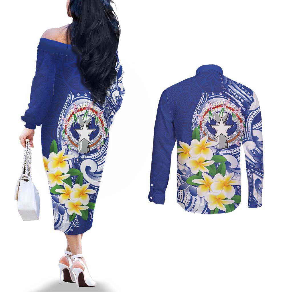 Northern Mariana Islands Couples Matching Off The Shoulder Long Sleeve Dress and Long Sleeve Button Shirt Polynesian Pattern With Frangipani