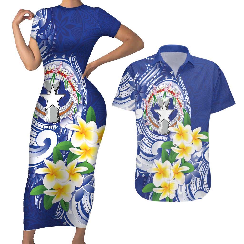 Northern Mariana Islands Couples Matching Short Sleeve Bodycon Dress and Hawaiian Shirt Polynesian Pattern With Frangipani