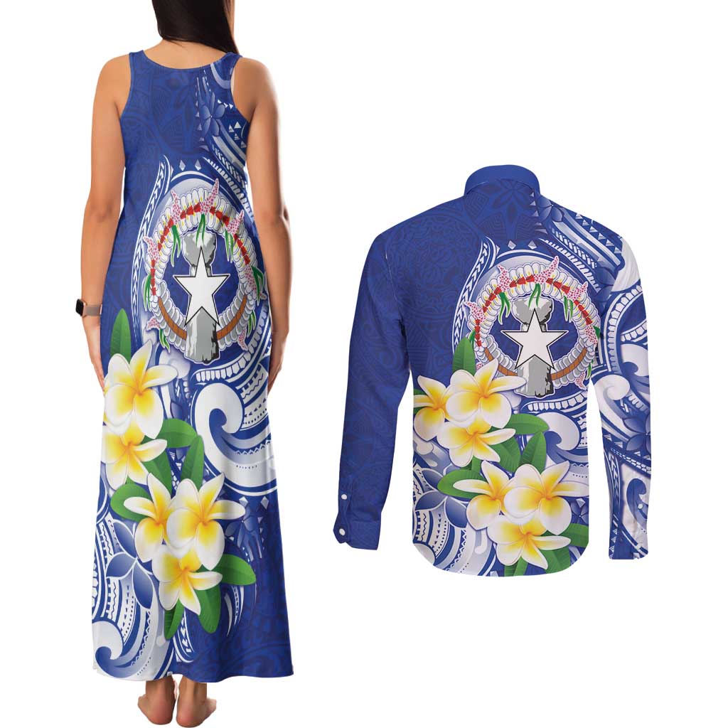 Northern Mariana Islands Couples Matching Tank Maxi Dress and Long Sleeve Button Shirt Polynesian Pattern With Frangipani