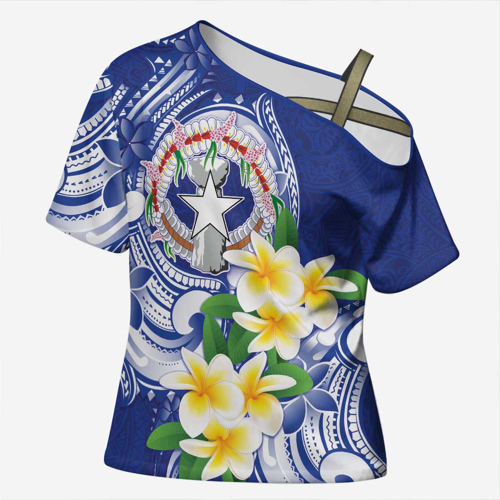 Northern Mariana Islands Cross Shoulder Shirt Polynesian Pattern With Frangipani