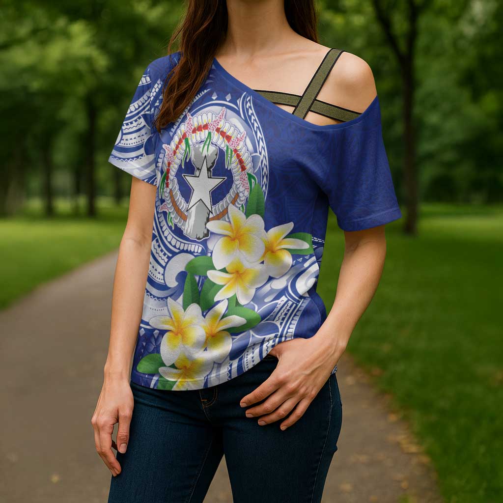 Northern Mariana Islands Cross Shoulder Shirt Polynesian Pattern With Frangipani
