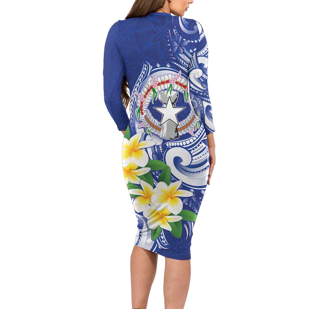 Northern Mariana Islands Family Matching Long Sleeve Bodycon Dress and Hawaiian Shirt Polynesian Pattern With Frangipani