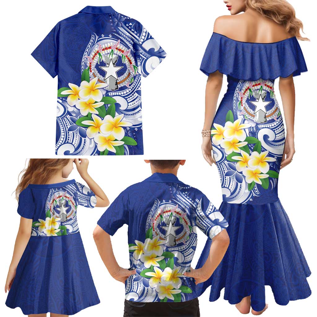 Northern Mariana Islands Family Matching Mermaid Dress and Hawaiian Shirt Polynesian Pattern With Frangipani