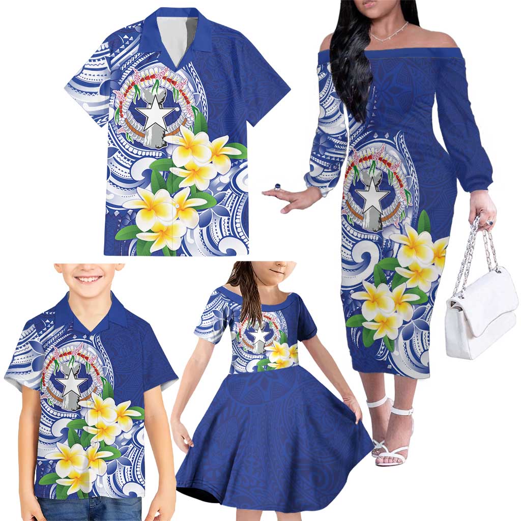 Northern Mariana Islands Family Matching Off The Shoulder Long Sleeve Dress and Hawaiian Shirt Polynesian Pattern With Frangipani