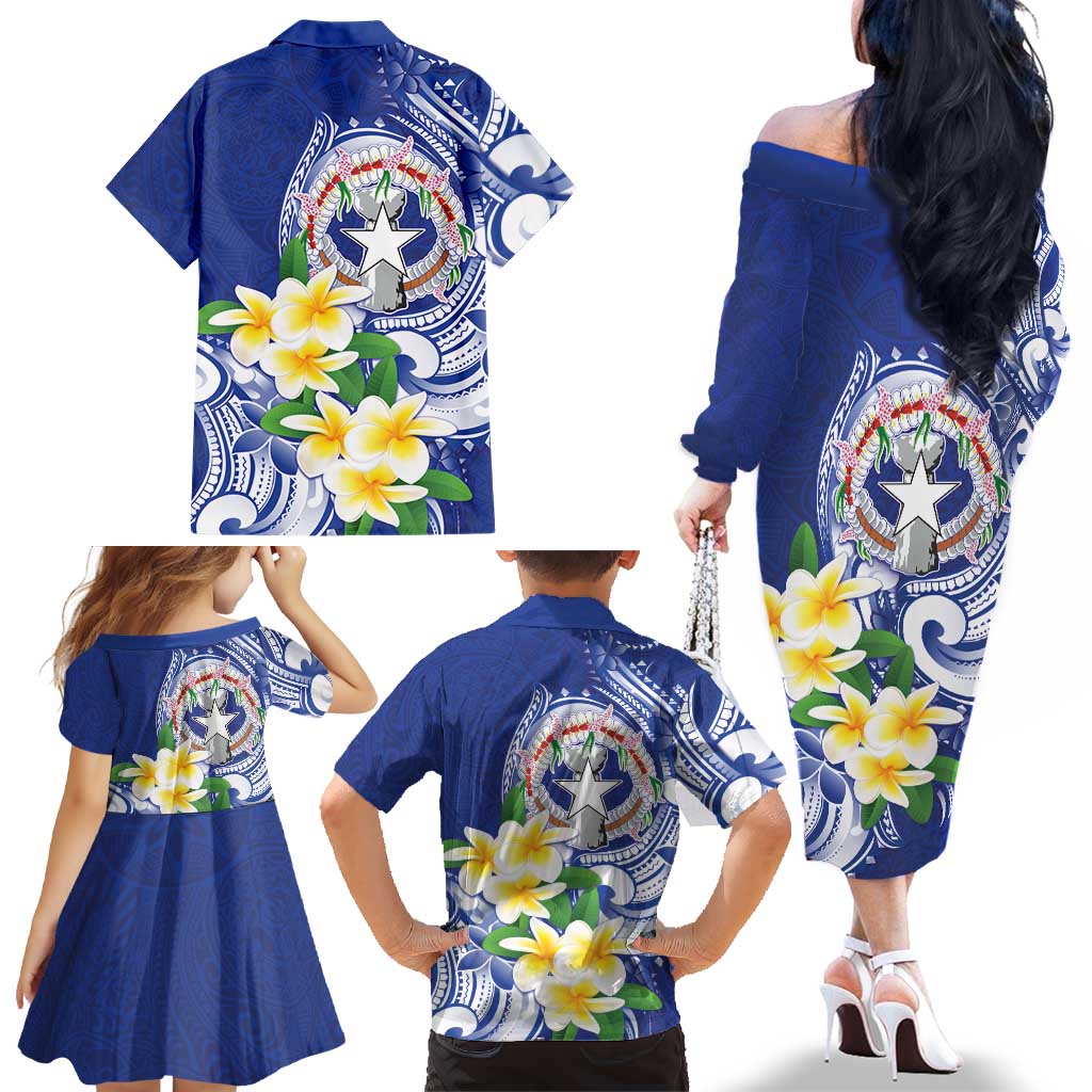 Northern Mariana Islands Family Matching Off The Shoulder Long Sleeve Dress and Hawaiian Shirt Polynesian Pattern With Frangipani LT05 - Polynesian Pride