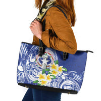 Northern Mariana Islands Leather Tote Bag Polynesian Pattern With Frangipani