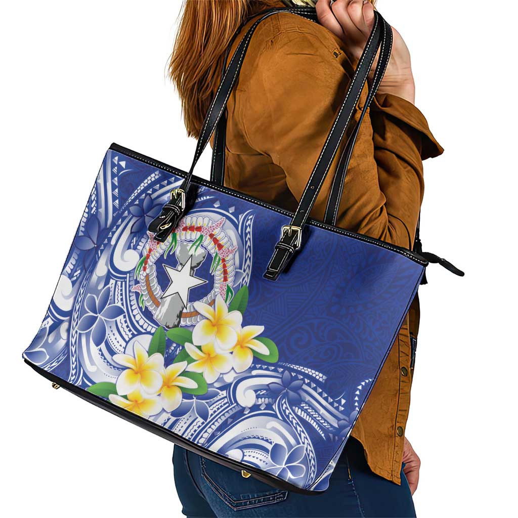 Northern Mariana Islands Leather Tote Bag Polynesian Pattern With Frangipani
