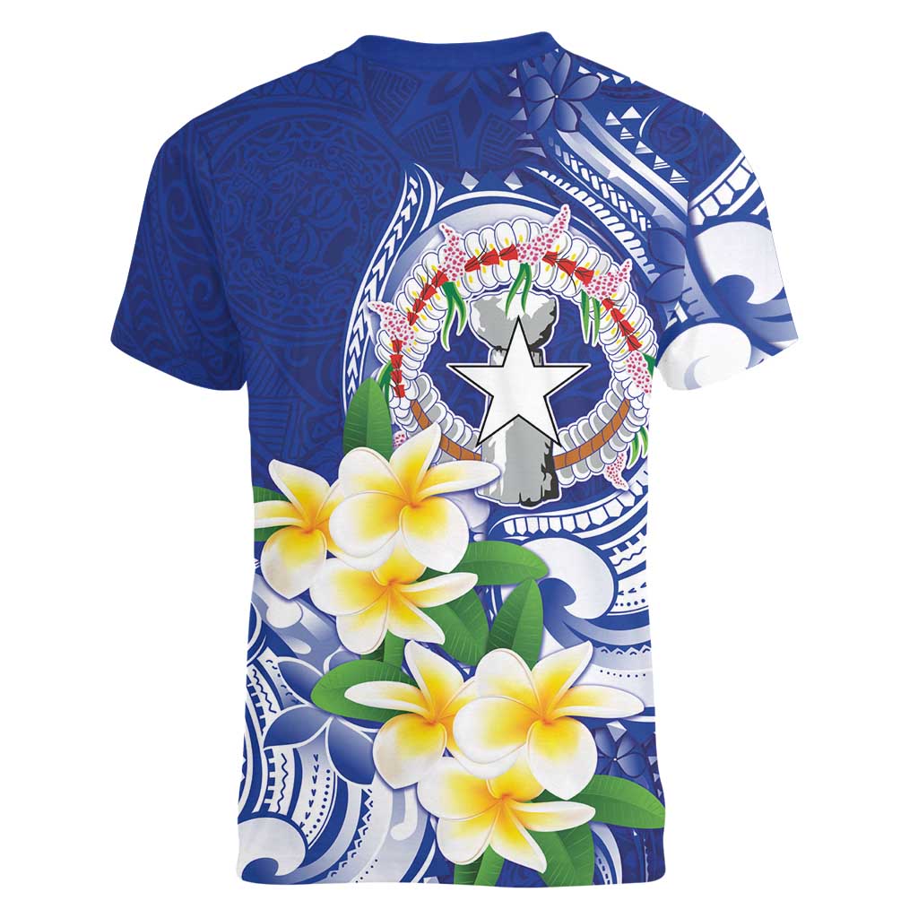 Northern Mariana Islands Women V-Neck T-Shirt Polynesian Pattern With Frangipani
