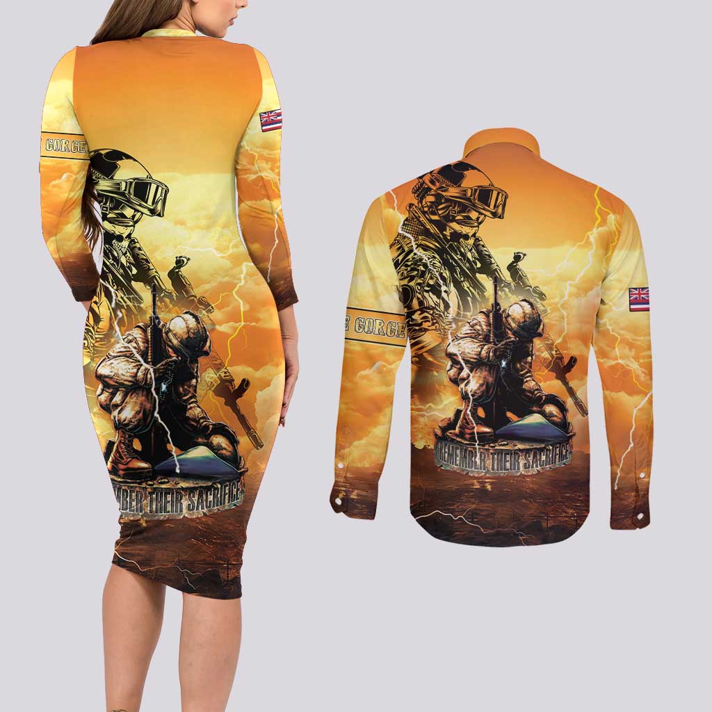 Hawaii Memorial Day Couples Matching Long Sleeve Bodycon Dress and Long Sleeve Button Shirt Remember Their Sacrifice