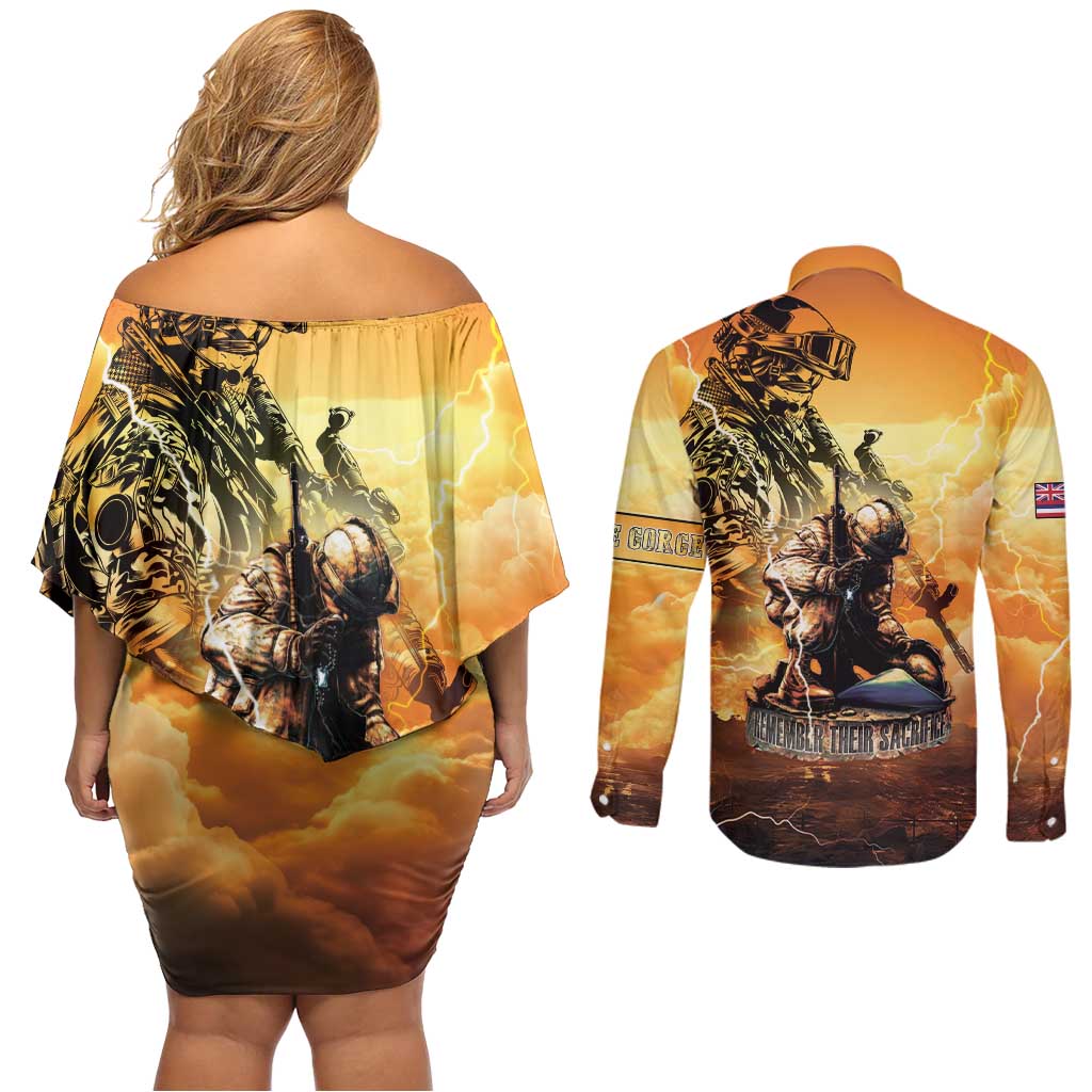 Hawaii Memorial Day Couples Matching Off Shoulder Short Dress and Long Sleeve Button Shirt Remember Their Sacrifice