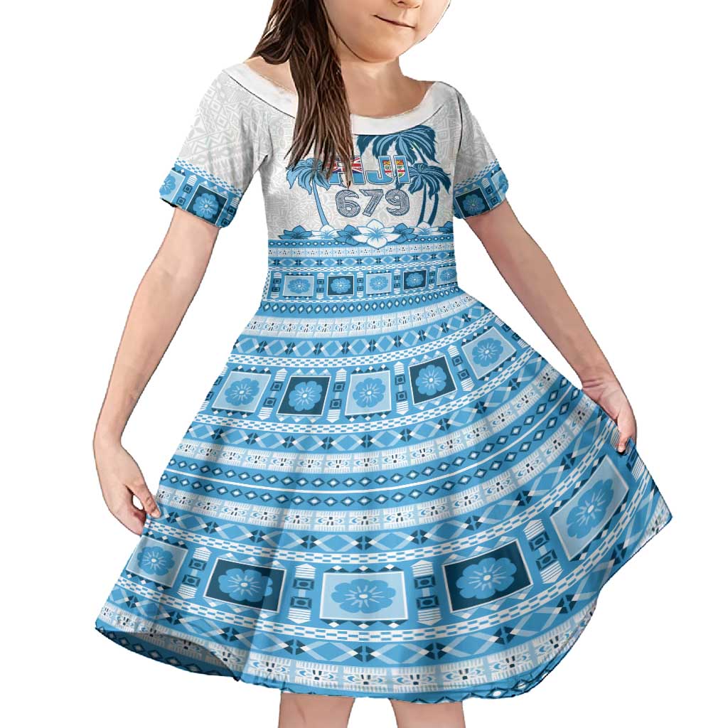 Fiji 679 Constitution Day Family Matching Long Sleeve Bodycon Dress and Hawaiian Shirt Fijian Tapa Pattern LT05 Daughter's Dress Blue - Polynesian Pride