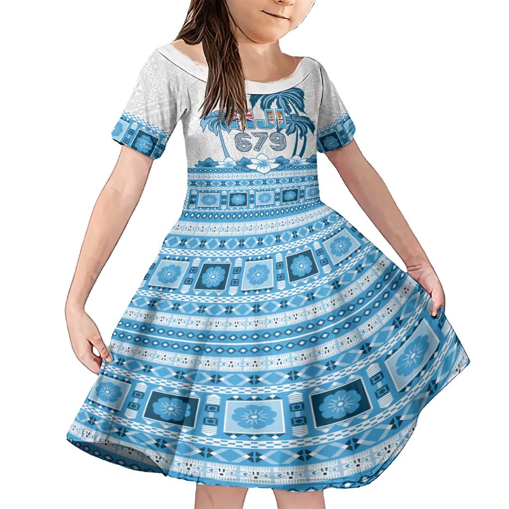 Fiji 679 Constitution Day Family Matching Short Sleeve Bodycon Dress and Hawaiian Shirt Fijian Tapa Pattern LT05 Daughter's Dress Blue - Polynesian Pride
